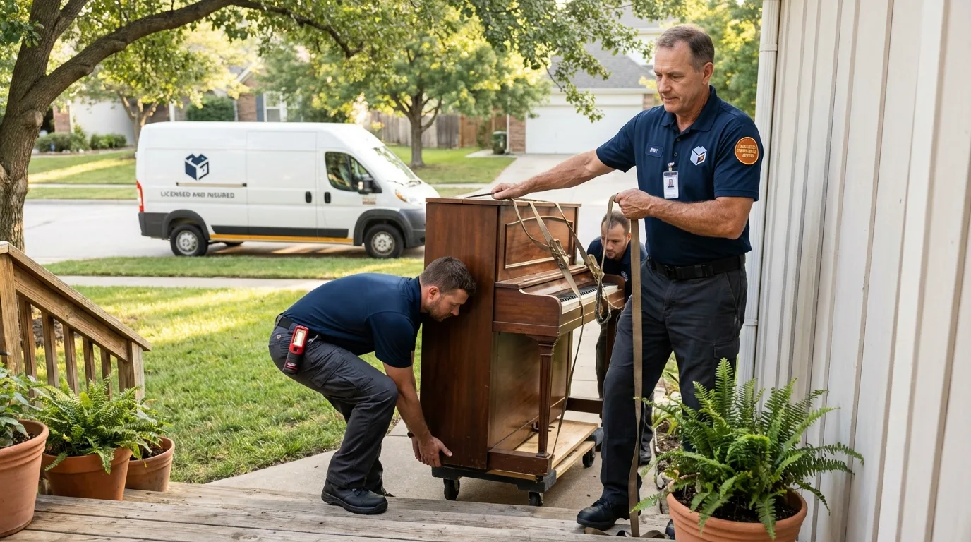 Licensed piano movers securing grand piano in Clyde, NC