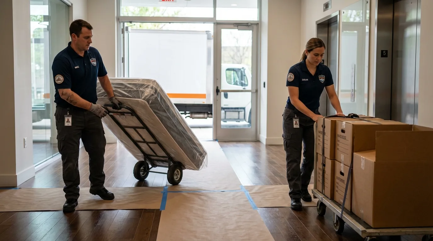Professional apartment movers loading elevator in Clyde, NC